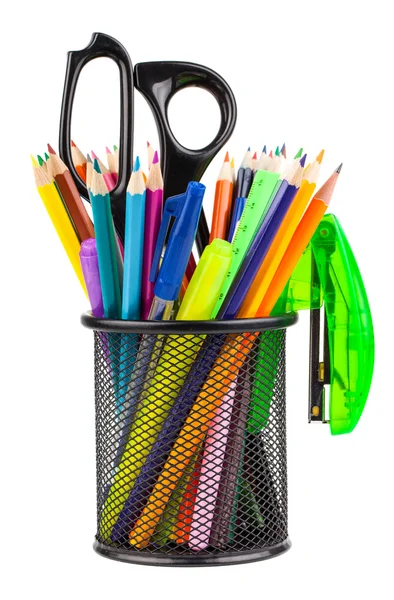 Office cup with scissors, pencils and pens — Stock Photo, Image