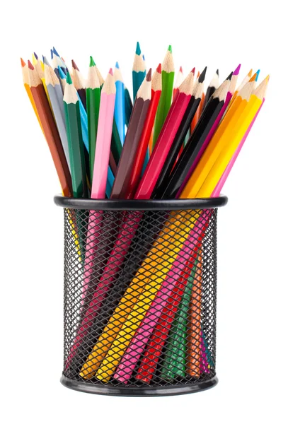 Various color pencils in metal container — Stock Photo, Image