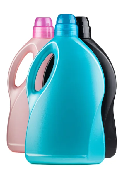 Три разных цвета пластиковые бутылки — стоковое фото