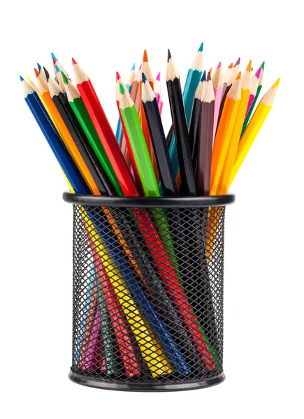 Vários lápis de cor em recipiente de metal preto — Fotografia de Stock
