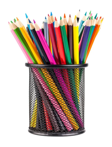 Vários lápis de cor em recipiente de metal — Fotografia de Stock