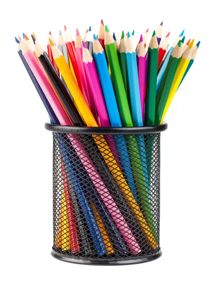 Various color pencils set in black container — Stock Photo, Image