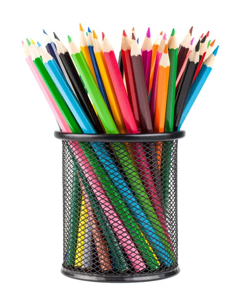 Lápices de color en taza de oficina negro — Foto de Stock