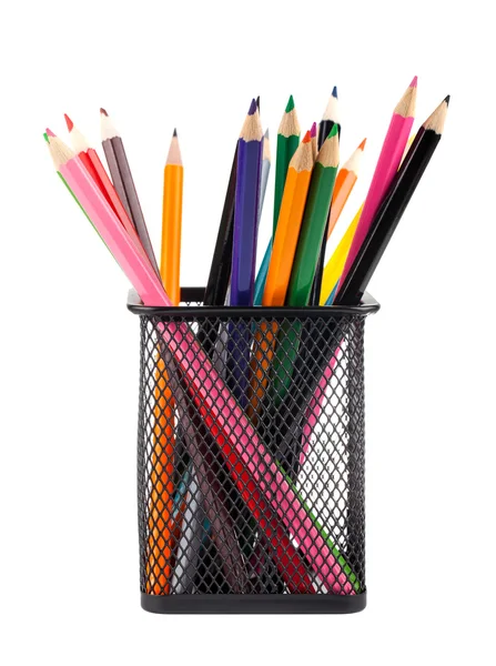Vários lápis de cor em recipiente de metal preto — Fotografia de Stock
