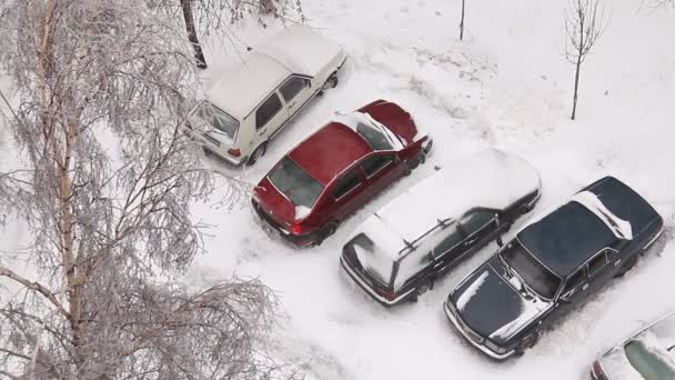 El coche está cubierto de nieve blanca — Vídeo de stock