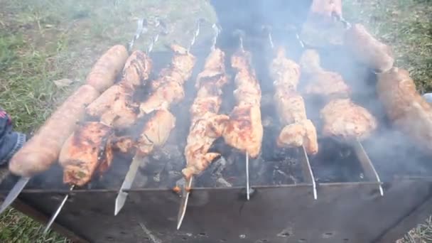 Shashlik memanggang di panggangan pada hari musim panas alam — Stok Video