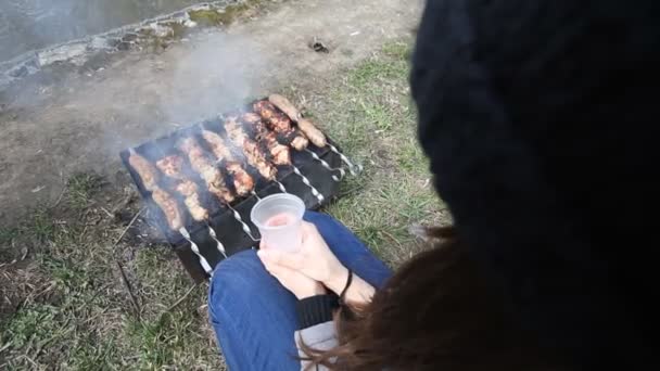 Shashlik roasting in grill on nature summer day — Stock Video