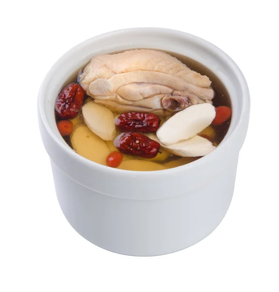 Hühner- und Kräutersuppe im Topf, chinesische Küche. — Stockfoto