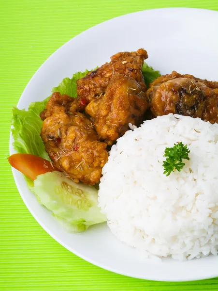 Chicken with rice and vegetables in background — Stock Photo, Image