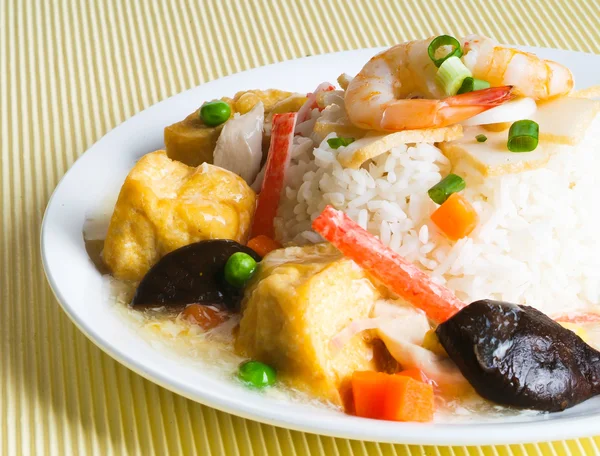 Tahu, seafood and Vegetable Stir Fried, Steam Rice — Stok Foto