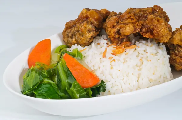 Ayam dengan nasi dan sayuran di latar belakang — Stok Foto