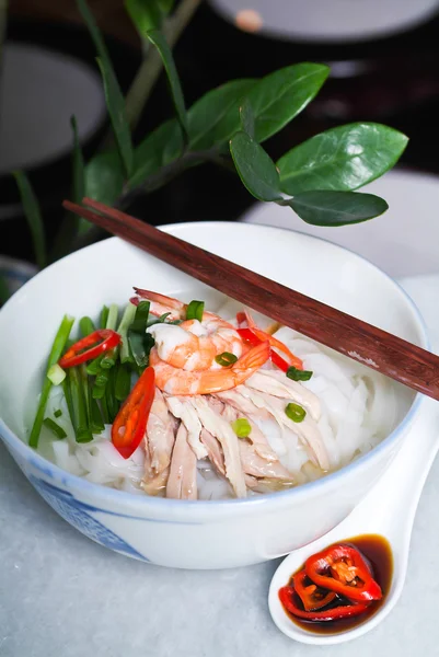 Лапша. рисовая лапша с курицей и овощами — стоковое фото