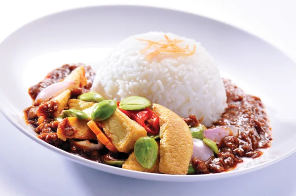 Nasi lemak traditional malaysian spicy rice dish — Stock Photo, Image