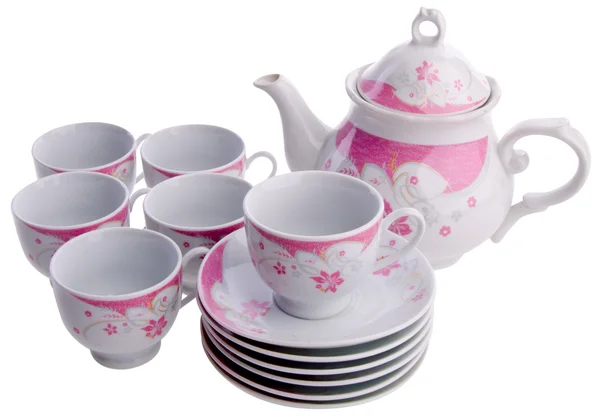 Conjunto de panela de chá, panela de chá de porcelana e xícara no fundo — Fotografia de Stock