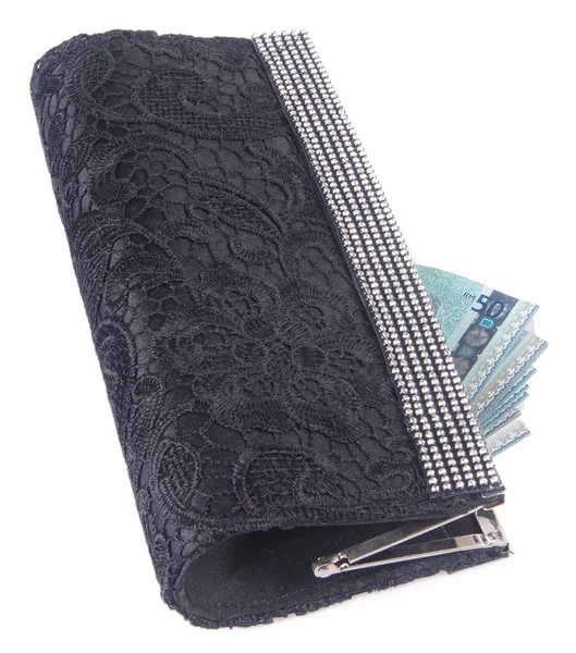 Portafoglio. portafoglio donna con soldi su uno sfondo — Foto Stock