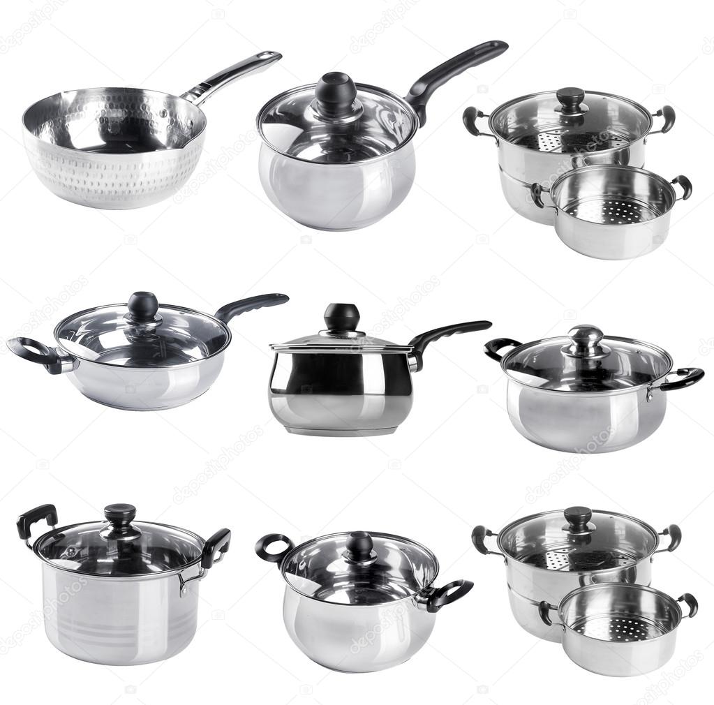 pot. stainless steel pot collection on a background