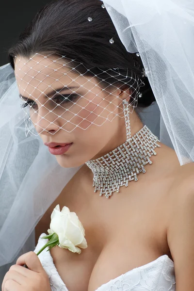 Retrato de noiva bonita. Vestido de noiva. Decoração de casamento — Fotografia de Stock