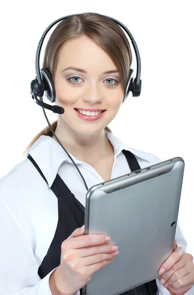 Can I help you ? Closeup of a female customer service representative — Stock Photo, Image