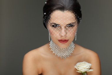 Güzel gelinin portresi. Gelinlik. Düğün süslemesi