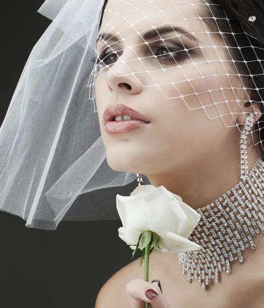 Retrato de noiva bonita. Vestido de noiva. Decoração de casamento — Fotografia de Stock