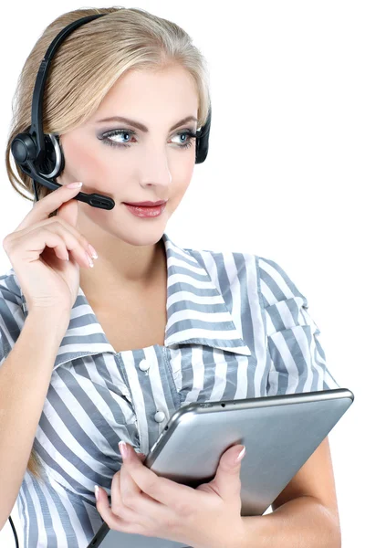 Can I help you ? Closeup of a female customer service representative — Stock Photo, Image