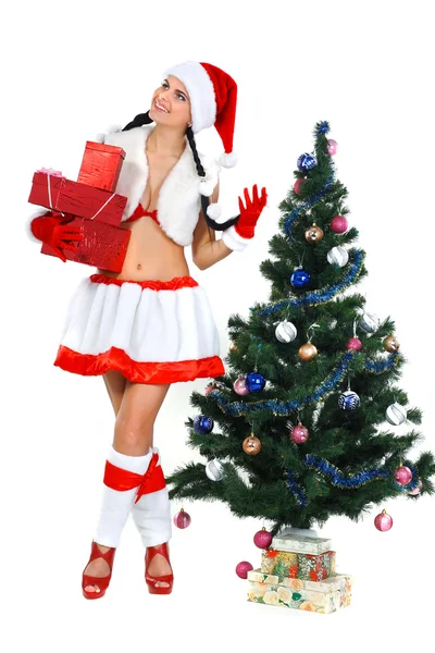 Vacker och sexig kvinna som bär santa klausul kostym isolerad o — Stockfoto