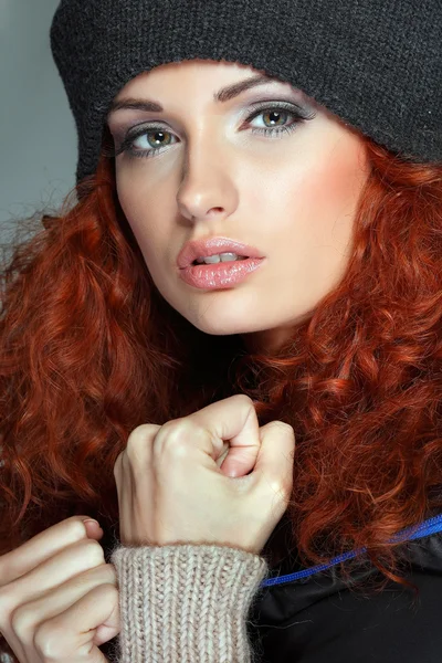 Portrait of sexual beautiful redheaded girl in a sportwear, is in fashion style — Stock Photo, Image