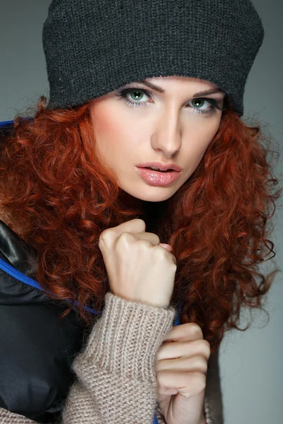 Portrait of sexual beautiful redheaded girl in a sportwear, is in fashion style — Stock Photo, Image