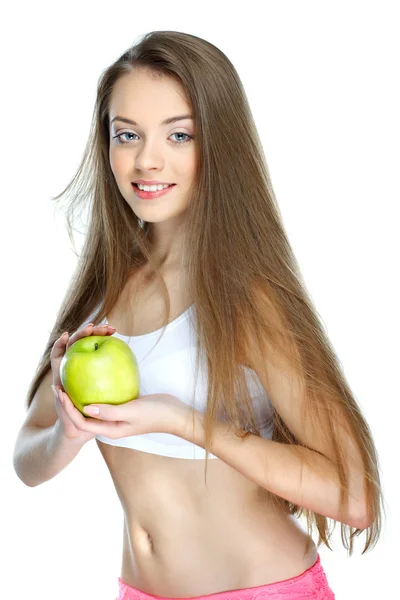 Beyaz bir arka plan üzerinde izole meyve ile genç ve güzel bir kadın portresi — Stok fotoğraf