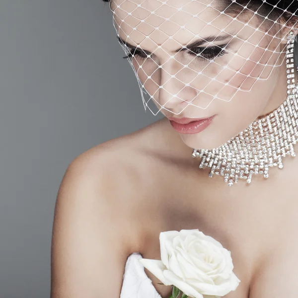 Ritratto di bella sposa. Abito da sposa. Decorazione di nozze — Foto Stock