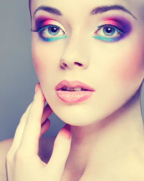 Portrait of beautiful girl with a hat from a blue veil — Stock Photo, Image