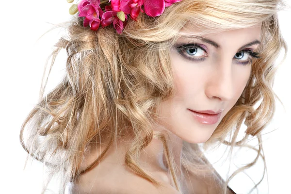 Closeup portrait of sexy whiteheaded young woman with beautiful blue eyes on light - grey background — Stock Photo, Image