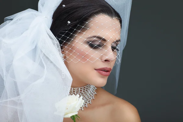 Retrato de noiva bonita. Vestido de noiva. Decoração de casamento — Fotografia de Stock