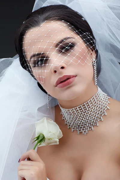 Retrato de noiva bonita. Vestido de noiva. Decoração de casamento — Fotografia de Stock