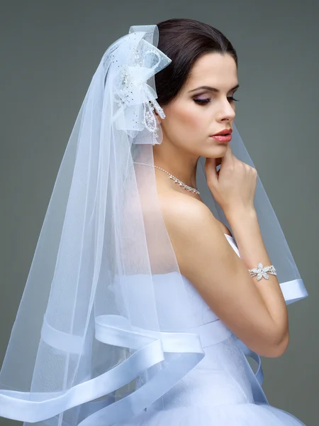 Ritratto di bella sposa. Abito da sposa. Decorazione di nozze — Foto Stock