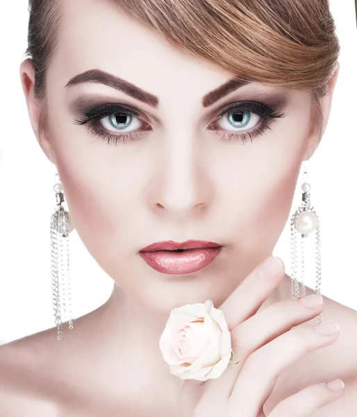 Closeup portrait of sexy whiteheaded young woman with beautiful blue eyes on white background — Stock Photo, Image