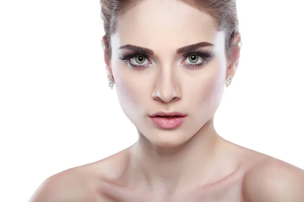 Closeup portrait of sexy whiteheaded young woman with black feather on grey background — Stock Photo, Image