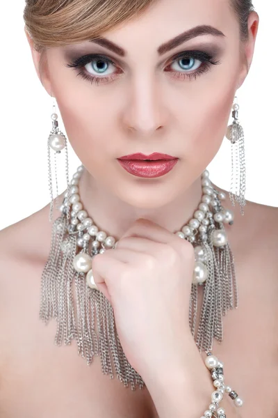 Closeup portrait of sexy whiteheaded young woman with beautiful blue eyes on white background — Stock Photo, Image