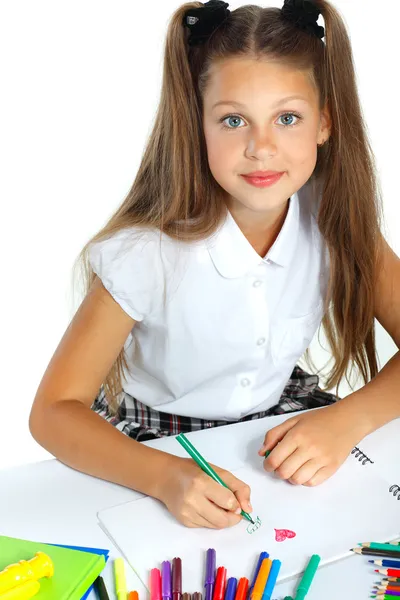 School girl drawing with felt-tips — Stock Photo, Image