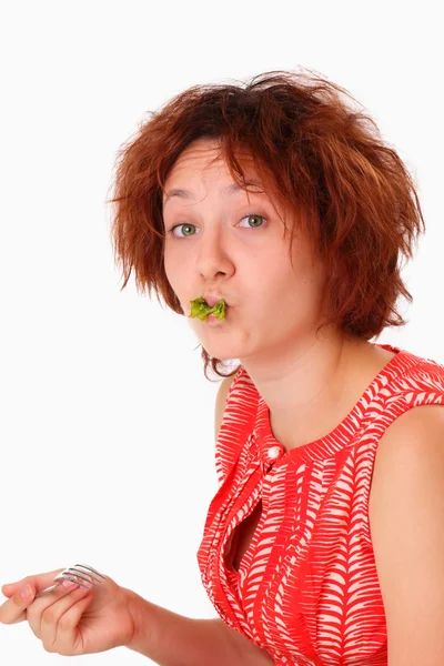Αστεία κοπέλα φαγητό νόστιμο σαλάτα — Φωτογραφία Αρχείου