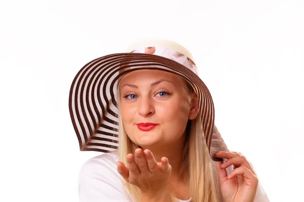 Senhora loira feliz em um chapéu — Fotografia de Stock