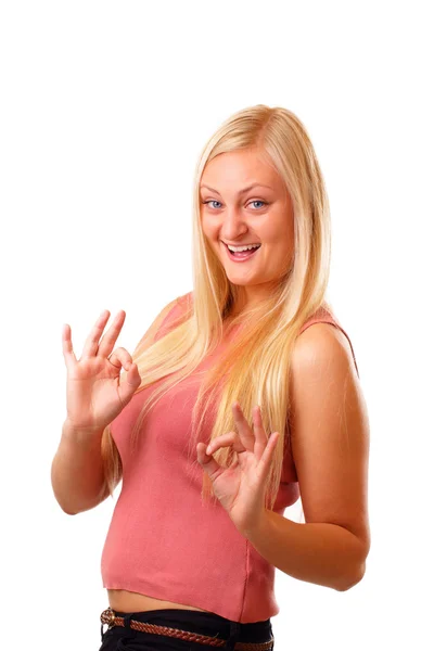 Lustige blonde Frau im roten Hemd — Stockfoto