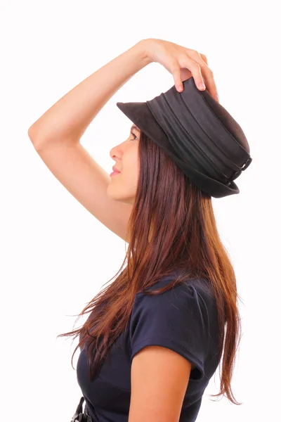 Krásná bruneta žena v klobouku — Stock fotografie