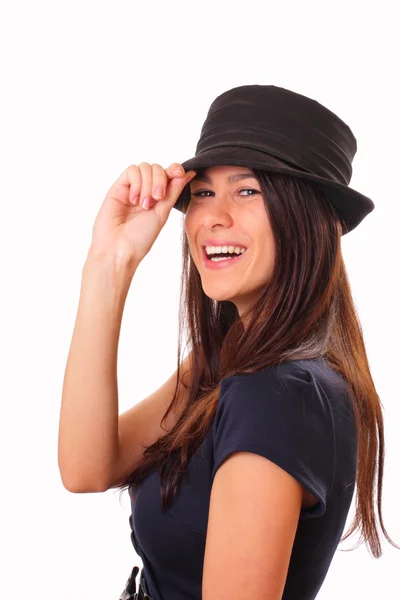 Piękna młoda brunetka kobieta w kapeluszu — Zdjęcie stockowe