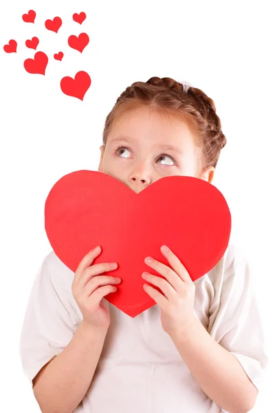 Menina bonita com um grande coração vermelho para o Dia dos Namorados — Fotografia de Stock