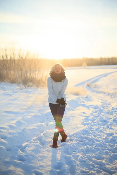 Wandelen in het veld op een zonnige winterdag — Stockfoto