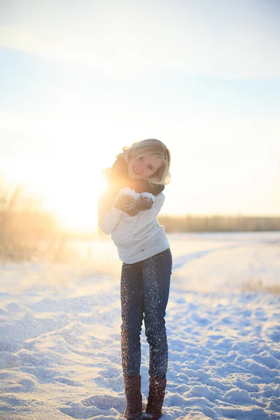 Walking in the field on a sunny winter day — Stock Photo, Image