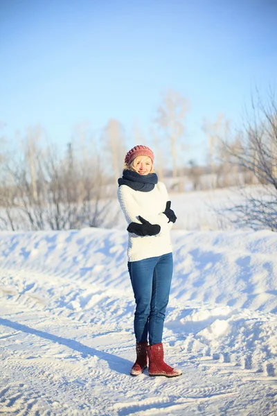 Wandelen in het veld op een zonnige winterdag — Stockfoto