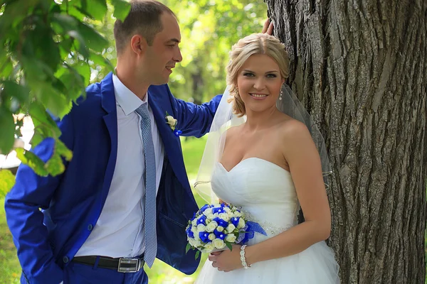 Le couple nouvellement marié debout au parc — Photo