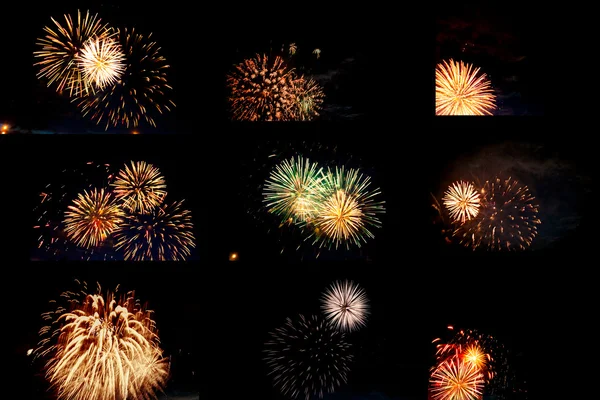 A colorful triple-burst of fireworks. — Stock Photo, Image